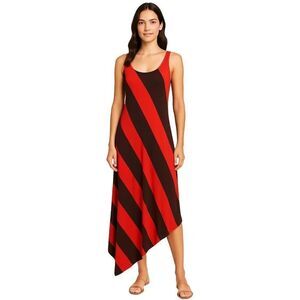 Felicity And Coco Red Brown Diagonal Stripe Asymmetrical Hem Dress Womens Small